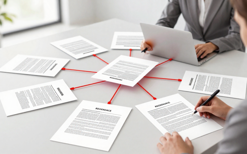 Digital PR for backlinks illustrated with press connections and media icons in flat Memphis firebrick red style
