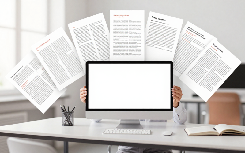 Guest posting workflow and content authority — professional writing at desk with editorial content radiating outward, flat Memphis illustration in firebrick red and paper white