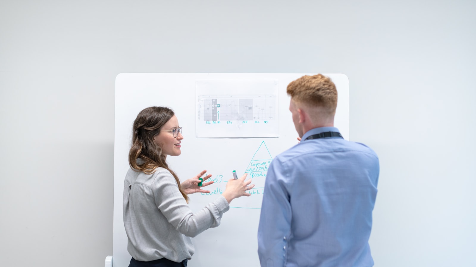 Two colleagues discussing ideas at a whiteboard while planning a white label service