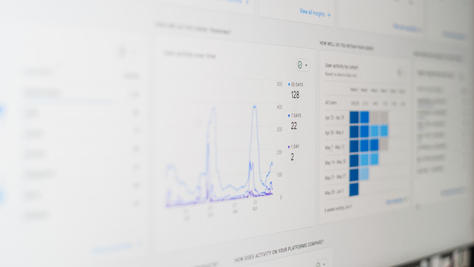A computer screen filled with data charts and lists, representing the research and data behind link prospecting tools