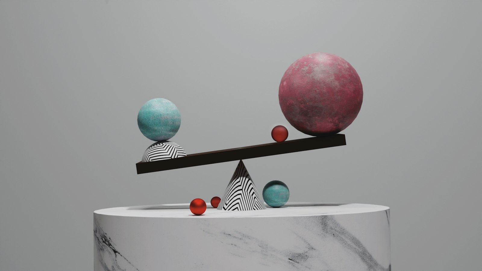 Two mismatched spheres balancing on a tilted beam, a visual metaphor for weighing guest posts against niche edits